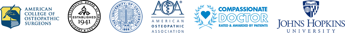 Affiliations: American College of Osteopathic Surgeons; American Osteopathic Board of Proctology, est. 1941; University of California; American Osteopathic Association; Compassionate Doctor; Johns Hopkins University.